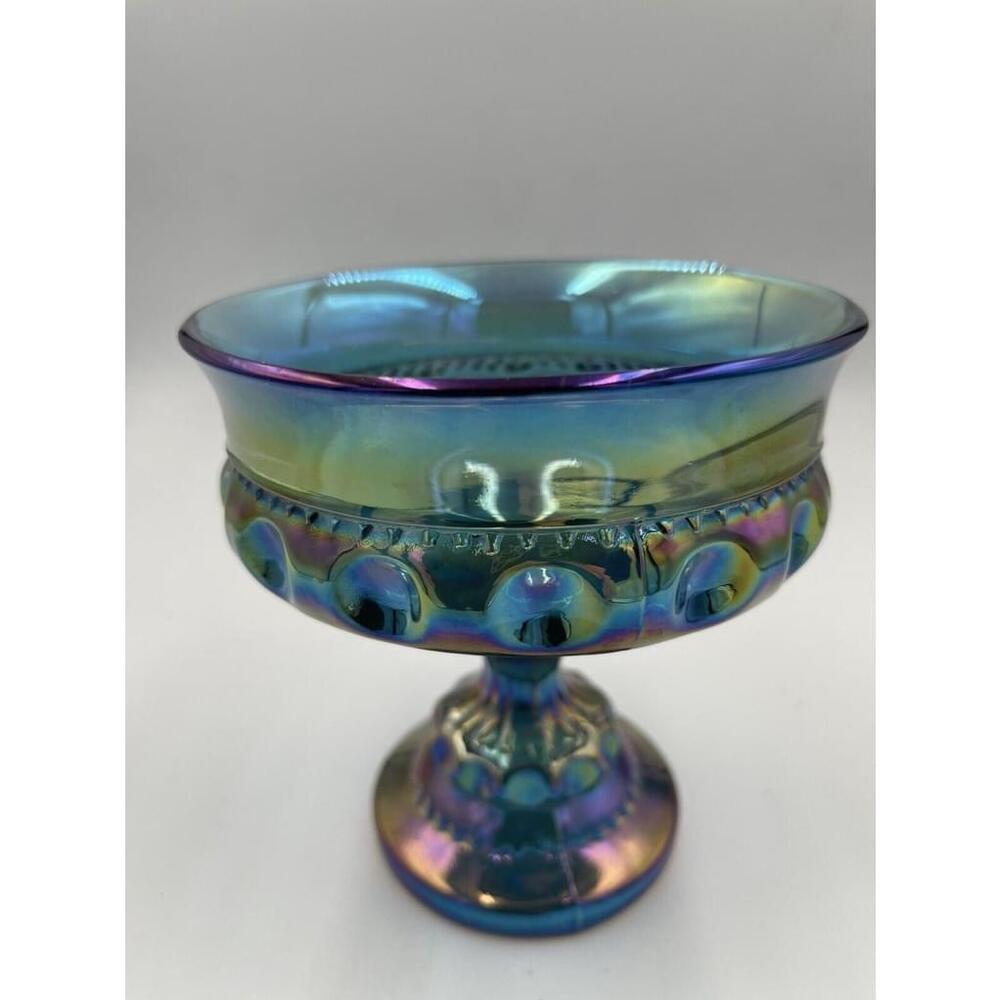Iridiscent Blue Kings Crown Carnival Glass Pedestal Thumb Print Compote Dish VTG